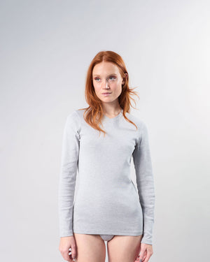woman with red hair wearing the big favorite's micro vneck tee in heather grey, front view